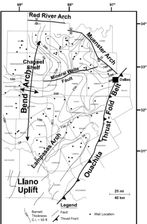 Fig. 8. Regional paleogeography during the Mississippian illustrating that Barnet Shale was deposited when oceanic circulation was restricted and became anoxic resulting from Laurentia and Gondwana approach (After Loucks and Ruppel, 2007).