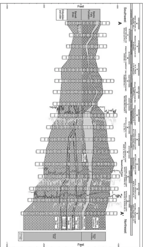 Fig. 10. Generalized southwest-northeast cross section showing thickness, lithology and log variations of Barnet Shale (After Pollastro et al., 2007).