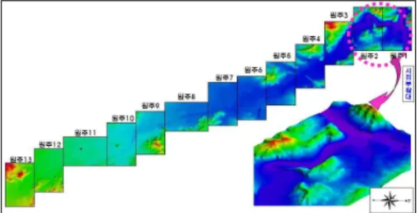 그림  3.  원주천  항공  LiDAR  데이터  -  1구역 그림  4.  원주천  항공  LiDAR  데이터  -  1구역 2.2.2  항공  LiDAR  데이터  및  정사영상 항공  LiDAR  데이터는  2006년  10월에  캐나다  Optech사의  ALTM  30/70으로  취득하였으며,  1㎡당  3~6점의  점밀도를  가지고  있다