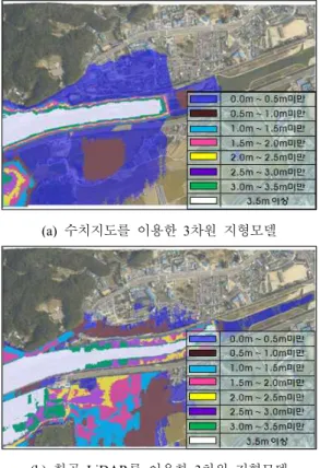 그림  15.  설계빈도별  홍수위에  따른  침수  지역  면적  분석(a)  수치지도를  이용한  3차원  지형모델 (b)  항공  LiDAR를  이용한  3차원  지형모델그림  14
