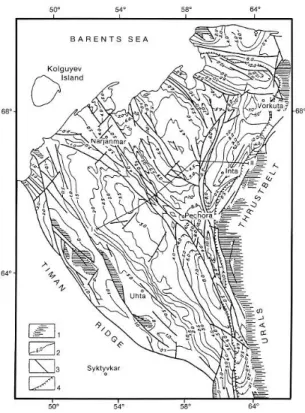Fig. 3. Structure map of pre-Paleozoic basement of the Timan-Pechora Basin (After Dedeev et al., 1994)