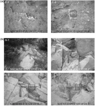 Fig. 3. Oriented samples for calcite veins and granitic rocks, and latitude and longitude of samples.
