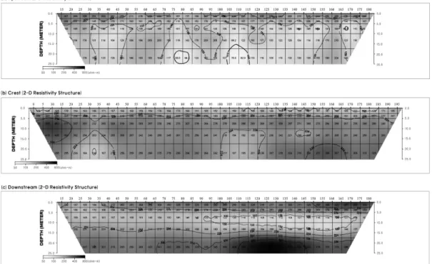 Fig. 2. Resistivity sections obtained at the upstream slope(a), the crest(b) and the downstream slope(c)