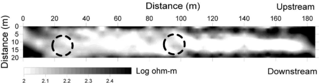 Fig. 3. Crossline tomogram obtained at an embankment dam. The banded low resistivity zone is the clay core and dotted circles indicate anomalous seepage pathways.