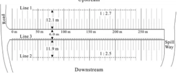 Fig. 4. Plan view of the embankment dam and location of survey lines.