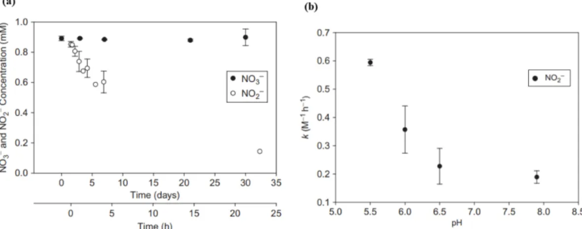 Fig. 2. Time series of nitrate and nitrite reactivity with siderite (a). The initial nitrate and nitrite concentrations are 0.9 mM and the siderite concentration is 10 g/L