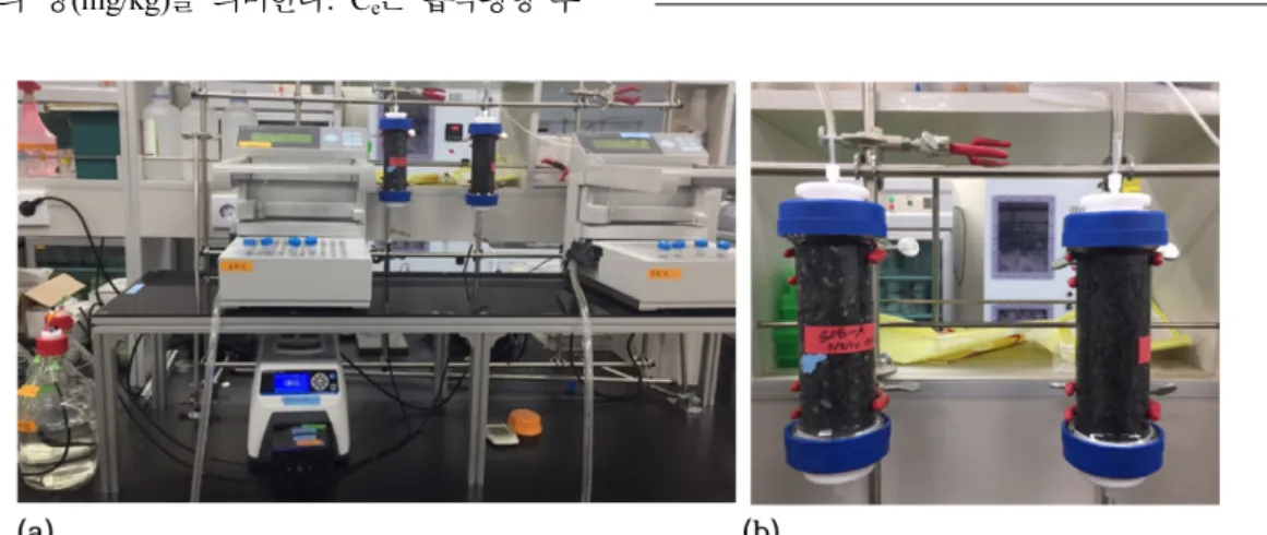Fig. 2. (a) Column experimental setup and (b) the columns packed with the geological media from the study site to evaluate the natural attenuation of arsenic.