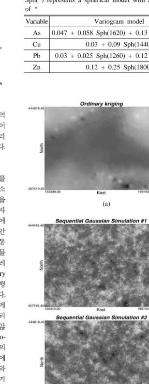 Fig. 2. (a) ordinary kriging estimate of As, (b) two out of 50 realizations generated by sequential Gaussian  simu-lation of As.