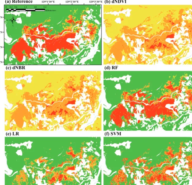 Figure 3.  Wildfire severity maps of 2017 Samcheok case: (a) reference data, (b) difference of Normalized Difference Vegetation Index, (c) difference of Normalized Burn Ratio, (d) random forest, (e) logistic regression, and (f) support vector machine