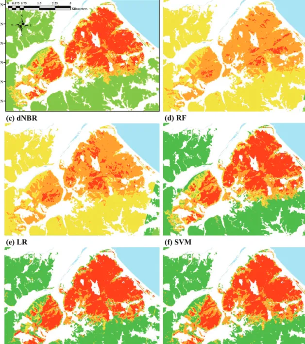 Figure 4.  Wildfire severity maps of 2019 Gangreung·Donghae case: (a) reference data, (b) difference of Normalized Difference Vegetation Index, (c) difference of Normalized Burn Ratio, (d) random forest, (e) logistic regression, and (f) support vector mach