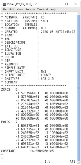 Fig. B-1. An example of the instrument response file with a format of Seismic Analysis Code (SAC).