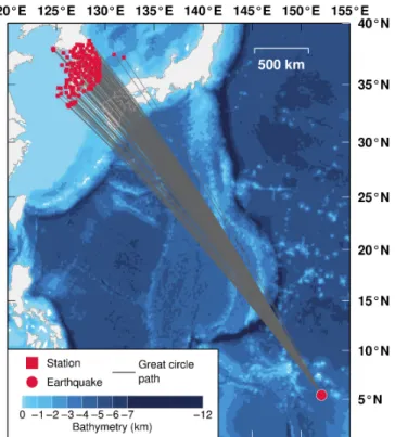 Fig. 2. A map showing great circle path from the Mw 6.2 teleseismic earthquake, which was used to validate the  response file, to the stations shown in Fig