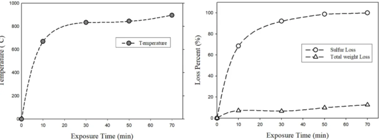 Fig. 1. (a) Temperature change and (b) Variations of sulfur and total weight of the gold concentrates during the microwave exposure.