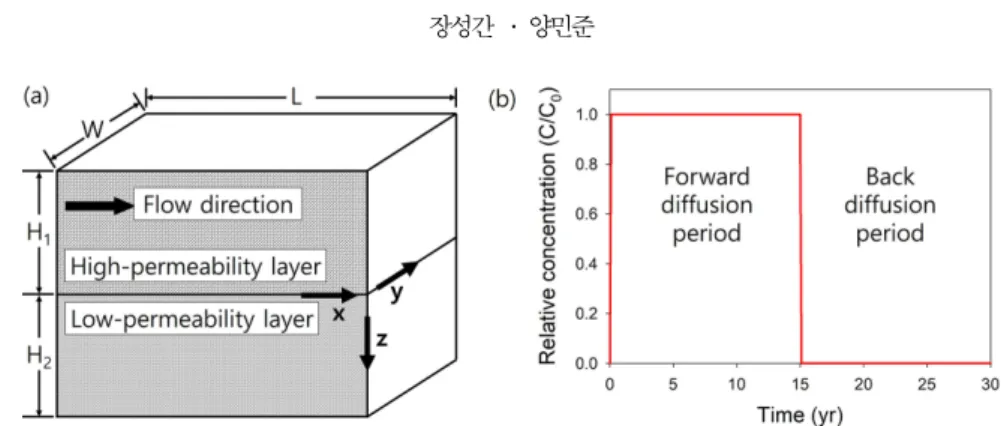 Fig. 3. Schematics of forward diffusion for a high-permeability layer bounded by a low-permeability layer at bottom