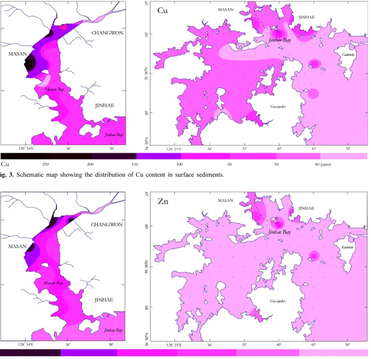 Fig. 4. Schematic map showing the distribution of Zn content in surface sediments.