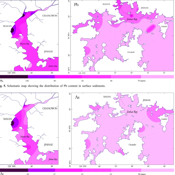 Fig. 6. Schematic map showing the distribution of As content in surface sediments.