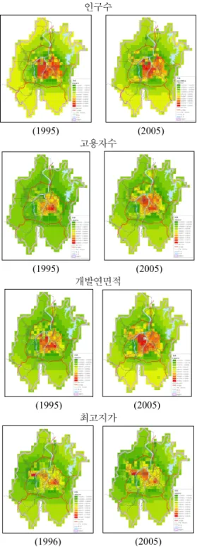 그림  1.  Local  Moran’s  Index를  이용한  도시의  군집도  수준  분포  측정도 4.  결    론 본  연구는  우리나리의  7대  도시의  하나인  대전광역 시를 사례로 도시성장 패턴이 방향성을 갖고 있는지와  도시공간구조변화에  따른  공간적  확산이  분산된  형태 인지 아니며 집중된 형태인지를 인구를 비롯한 다양한  도시공간요소로  살펴보았고,  아울러  미시적  관점에서 GIS를 활용하여 공간통계분석을 한 후 도시공간구