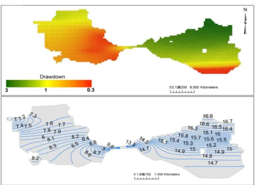 Figure 7 shows the simulated total farm delivery require-require-Fig. 6. (I) Simulated drawdown (m) and (II) simulated hydraulic heads (m a.s.l.) for irrigation unit 16.