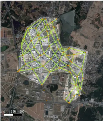 Fig. 2. A 3D modelling area (bright part) with the borehole data points (orange circle with dot) and the cross-section  lines (light-green lines) on a satellite image of the Jeonju Innovative City.
