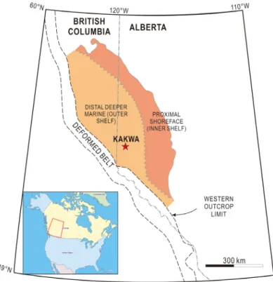 Fig. 1. Location of the Kakwa well (core site) and distribution of the Triassic Montney Formation with overall deposi- deposi-tional setting