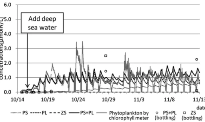 Fig. 9. The changes of the concentrations of nutrients in tank A after parameter-fitting (The lines are calculated, the points are the data of experiment).