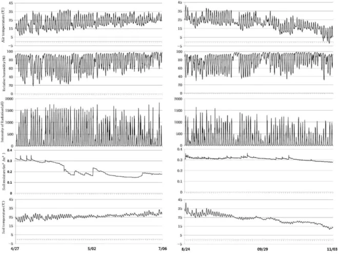 Fig. 1. Air temperature, soil temperature, relative humidity, soil moisture, and the intensity of radiation inside the green house during spring(left) and autumn growing season(right).
