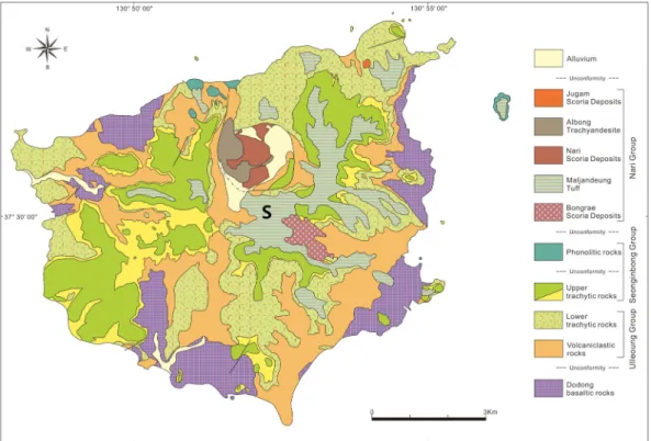 Fig. 1. Geological map of Ulleung Island after Hwang et al. (2012), showing the sampling sites (S) in the southern  wall of Nari caldera.