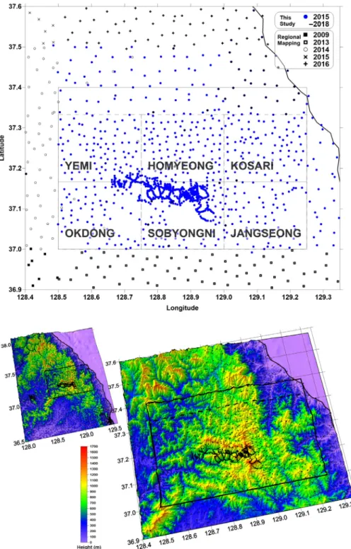 Fig. 1. Gravity point distribution and topography in and around the study area.