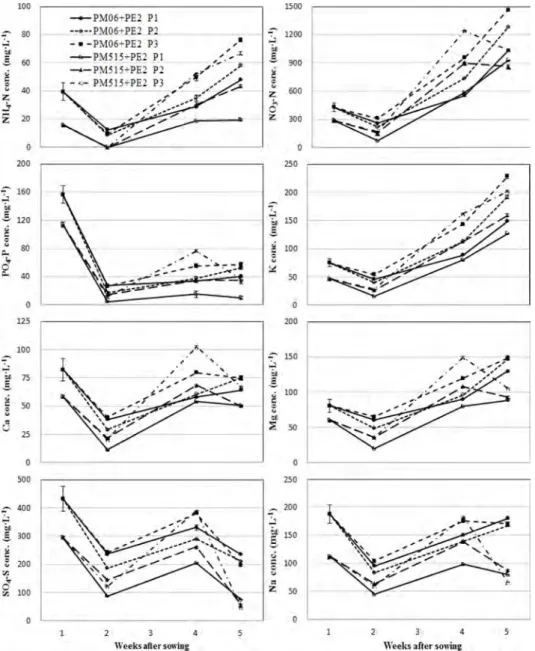 Fig. 4. Changes in macro-nutrient concentrations of media during 35 days after sowing of ‘Dotaerang Dia’ tomato in 72-cell plug trays as influenced by compositions of media and concentrations of post-planting fertilizers