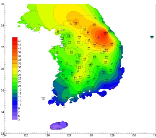 Fig. 3. Distribution map of greenhouse heating degree-hour in 1,000 o C·h for the temperature setpoint of 16 o C.