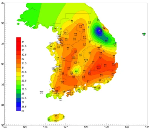 Fig. 4. Distribution map of design dry-bulb temperature for greenhouse cooling in  o C for the exceedance probability of 2.5%.