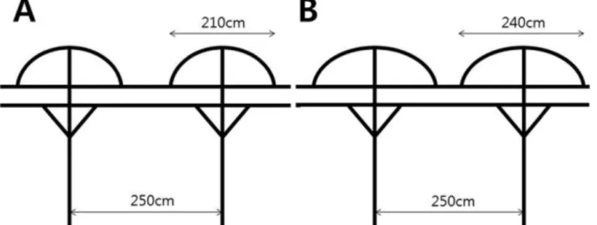 Fig. 1. Standard plastic shelter (A; SPS), and wide plastic shelter (B; WPS), the wide plastic shelter is wider 30cm than stan- stan-dard plastic shelter.