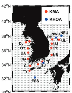 Fig. 1.  Study area around the Korean Peninsula. The gray dots indicate the grids of DASCAT
