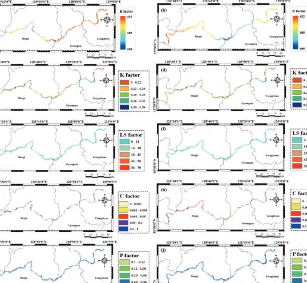 Fig. 4.  The results of each factors: (a) R factor, (c) K factor, (e) C factor, (g) LS factor, (i) P factor in 2008, (b) R factor, (d) K factor, (f) C factor, (h) LS factor, (j) P factor in 2016, respectively.