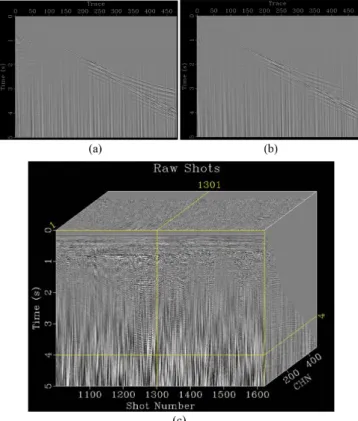 Fig. 3. Raw shot gathers from stations (a) 1,200 and (b) 1,400. (c) A multidimensional view of raw shot gathers using Madagascar.