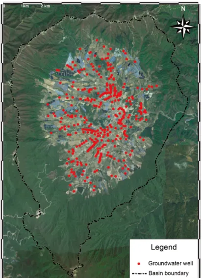 Fig. 2. Distribution of groundwater wells in the Haean basin.해안분지의 경우 신고가 미흡한 지하수 관정의 현황과 하천의 수질 및 탁도 변화 그리고 재배 작물에 따른 토양 환경의 변화에 대한 정확한 파악이 어렵다