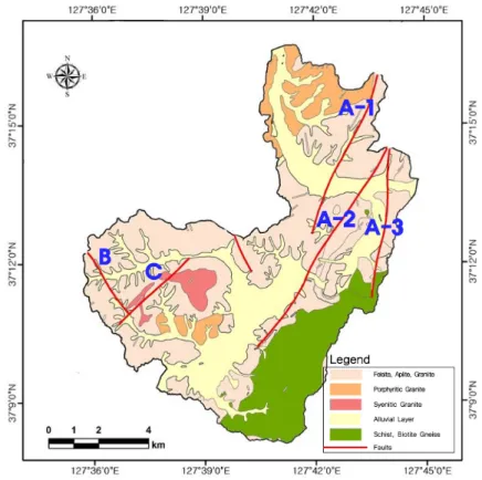 Fig. 2. Geological map of Gangcheon basin (modified from Yeo and Lee, 1975; Kim et al., 1989).고 있다