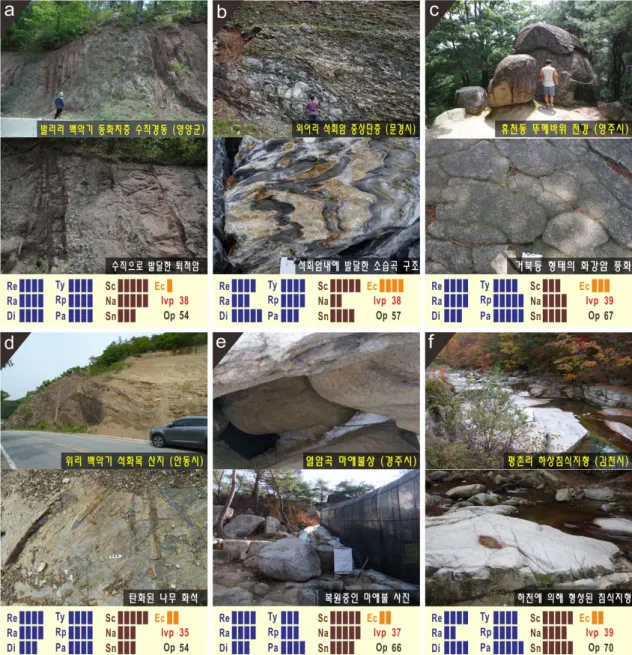 Fig. 7. Photographs of the representative Class-III geological heritages with assessment results