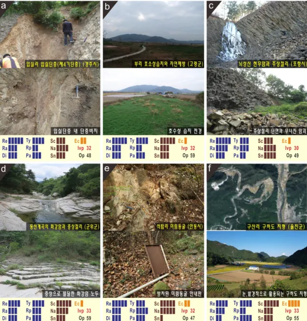Fig. 8. Photographs of the representative Class-IV geological heritages with assessment results