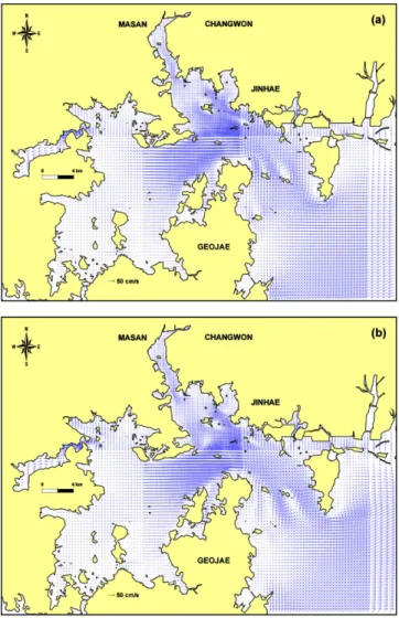 Fig. 4. Distribution of particles; (a) initial particle locations, (b) particle location 5 days after release and (c) 10 days after release.