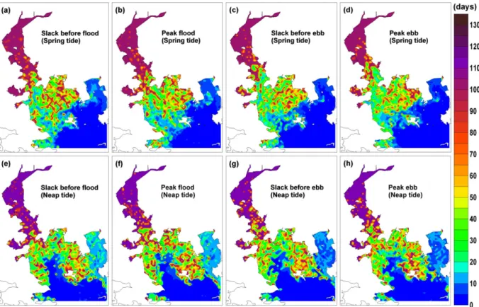 Fig. 6. The area mean residence times for each simulation cases and average residence times for spring and neap tides, and 8 different simulations (SBF: Slack before flood, PF: Peak flood, SBE: Slack before ebb, PE: Peak ebb).