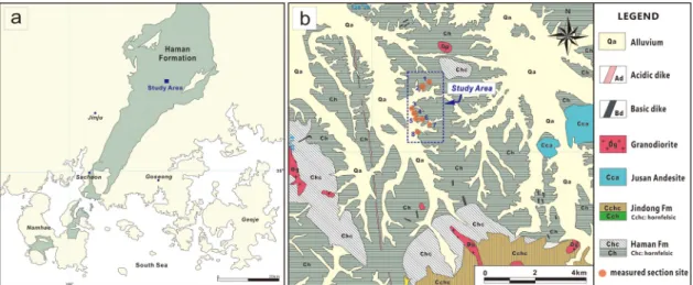 Fig. 1. a. Distribution map of the Haman Formation and location of study area. b. Geological map of study area  (Choi and Kim, 1963).