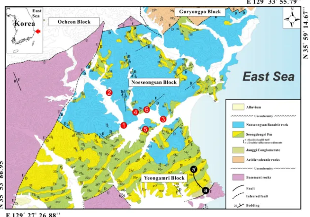 Fig. 1. Detailed geological map of the Janggi Basin with the locations of well sites (modified from Kim et al., 2015)