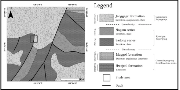 Fig. 2). 조선누층군은 석회암으로 구성된 화절층 과 막골층으로 연구지역의 북동부에 소규모로 분 포하며  N25°E, 25°NW의 주향과 경사를 갖는다