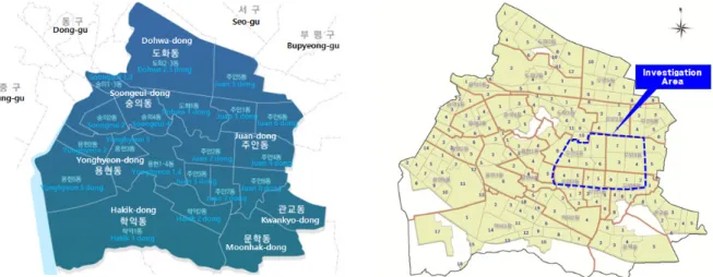 Figure 3.  Classification of zone (dristrict and block) in Nam-gu: 21 district (left), 186 block (right)