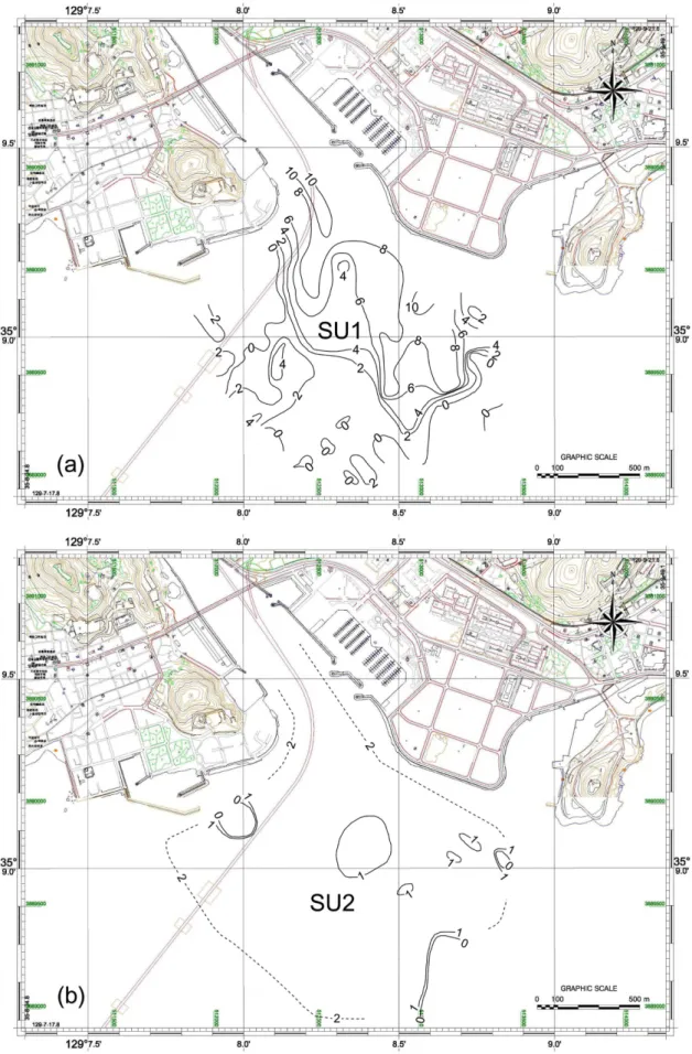 Fig. 7. Isopach maps of each depositional sequences in the study area; (a) SU1 (SU1a and SU1b), (b) SU2