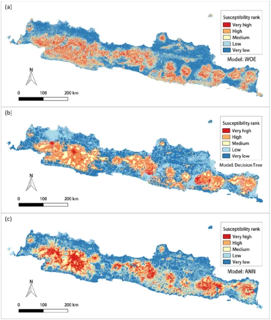 Fig. 7. Landslide Susceptibility Maps based on Difference Models: (a) WoE; (b) Decision Tree; (c) ANN