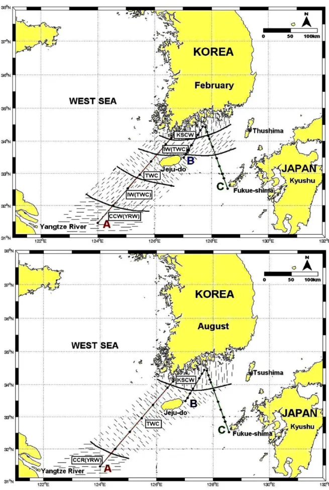 Fig. 12. Thermohaline fronts in relation to the outbreak of C. polykrikoides blooms in 2001.