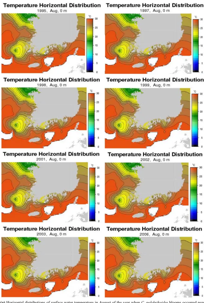 Fig. 4. (a) Horizontal distributions of surface water temperature in August of the year when C