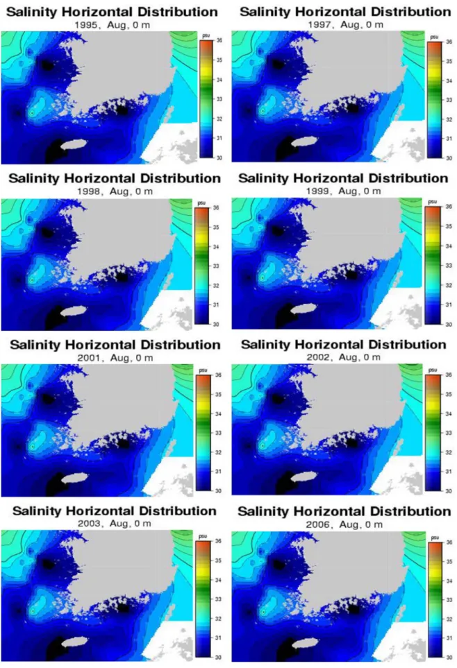 Fig. 4. (Continued) (b) Horizontal distributions of surface salinity in August of the year when C